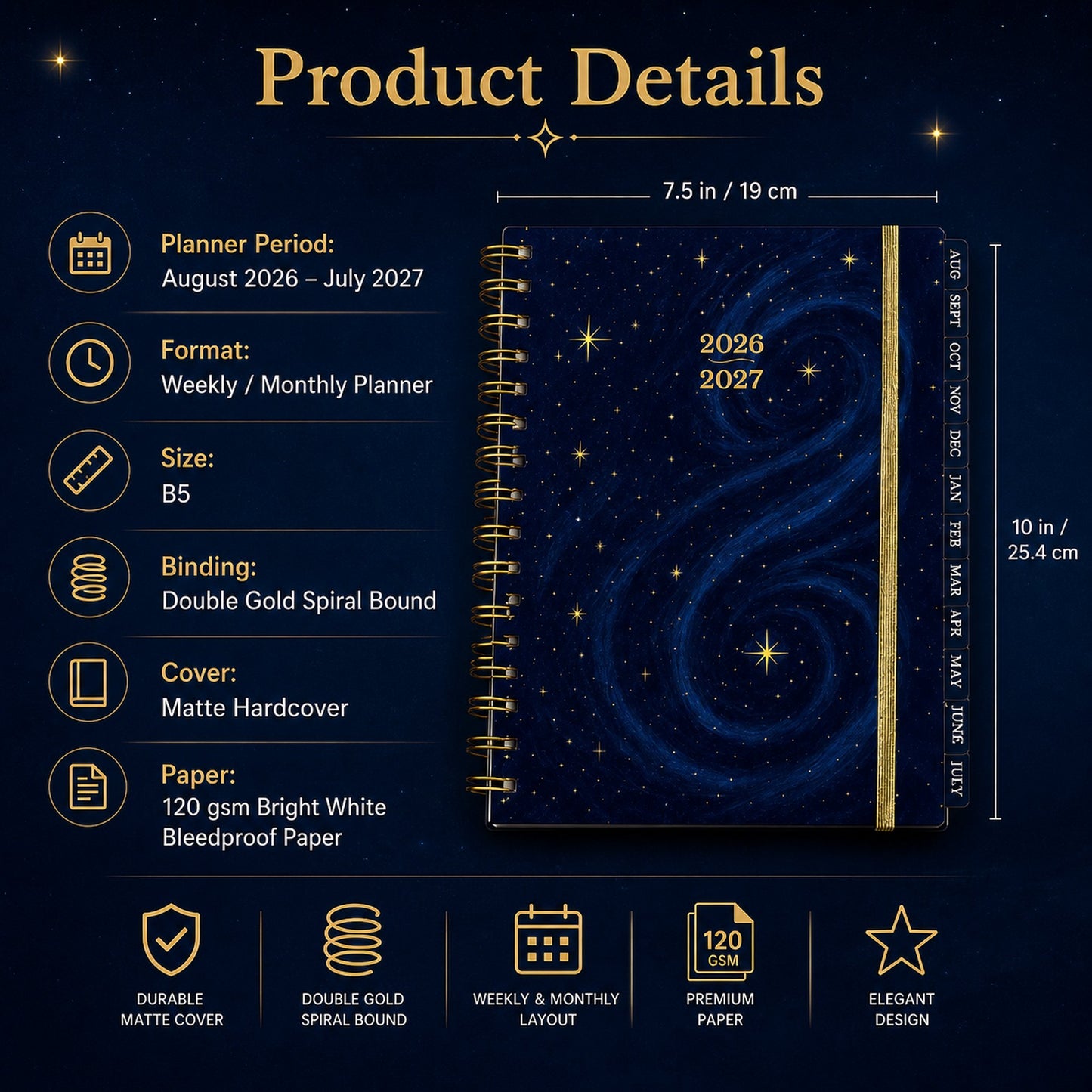 🌌 2026-2027 Midnight Galaxy Mid-Year Spiral Bound Planner