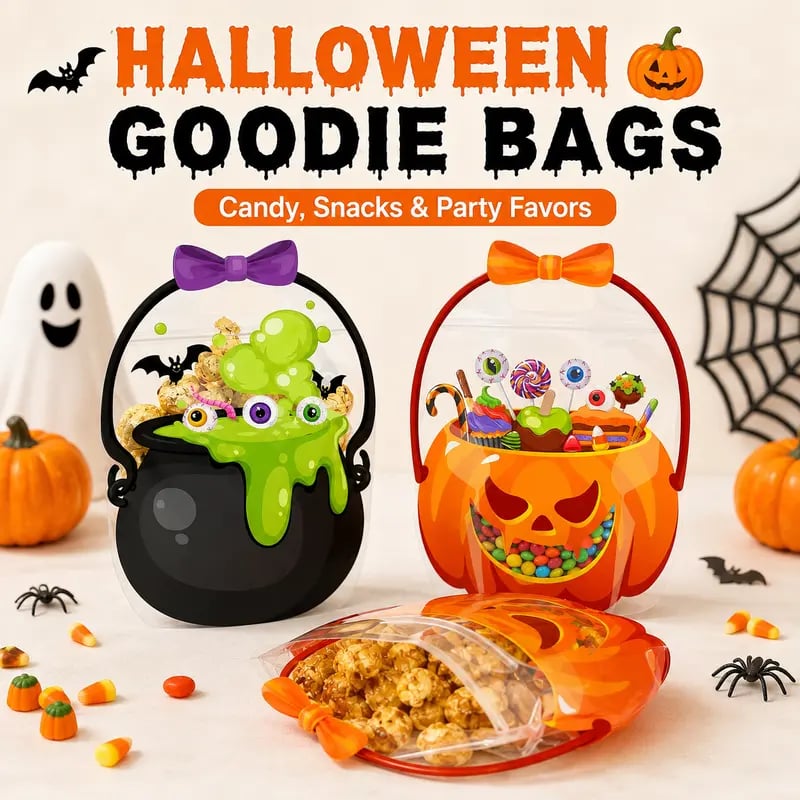 🎃 Halloween Treat & Goodie Bags with Handles (Poison Cauldron & Pumpkin Designs) 🍬👻