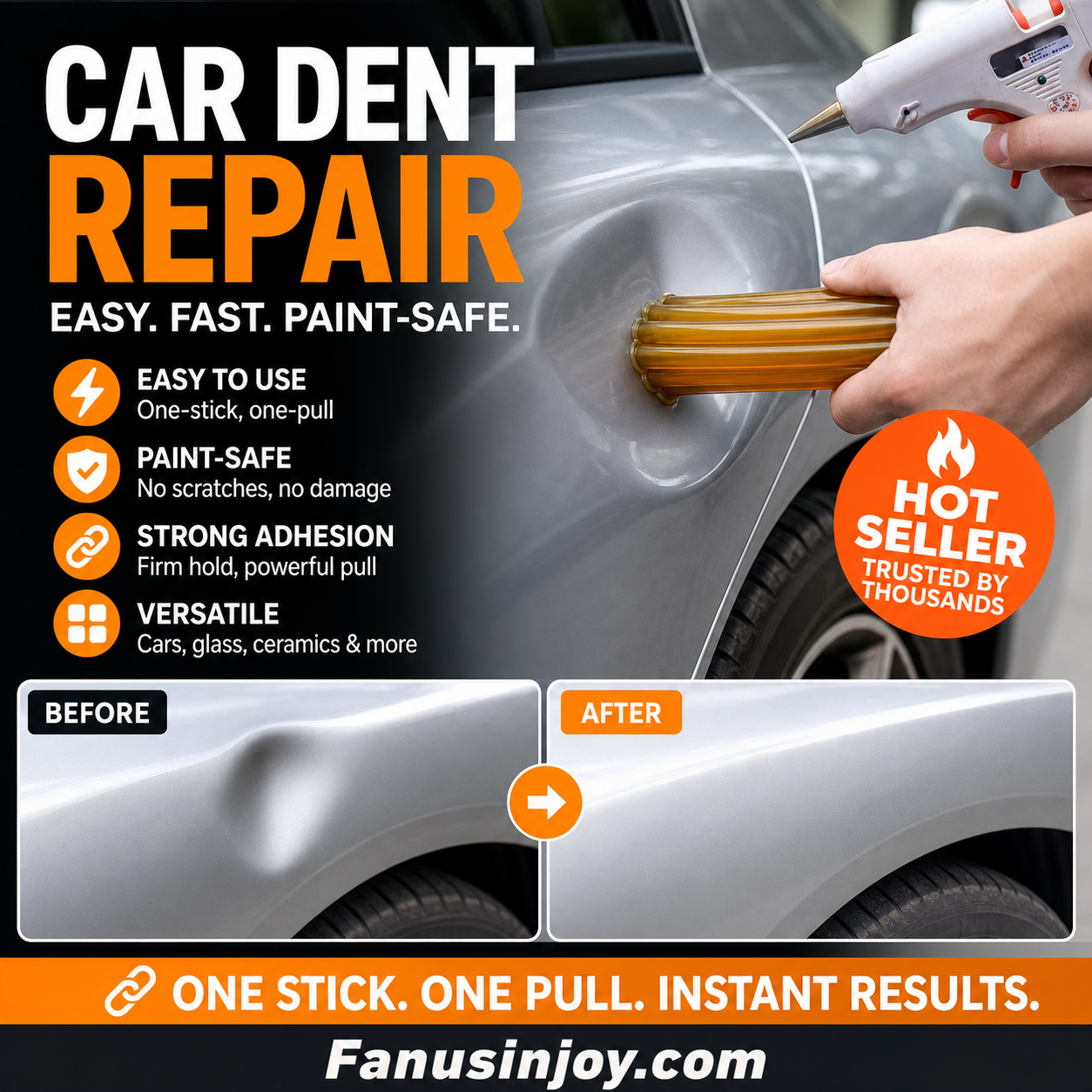 Paintless Dent Repair Glue Stick – Melt, stick, pull – dents disappear. Safe on paint, works on glass & DIY projects