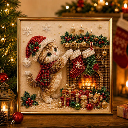 🎄🐾Premium 3D Pearl Christmas Kitty Art Kit | Luxury Flocked Canvas with Scratch-Resistant Non-Fading Pearl Beads DIY Holiday Decor 🎅🐱❄️