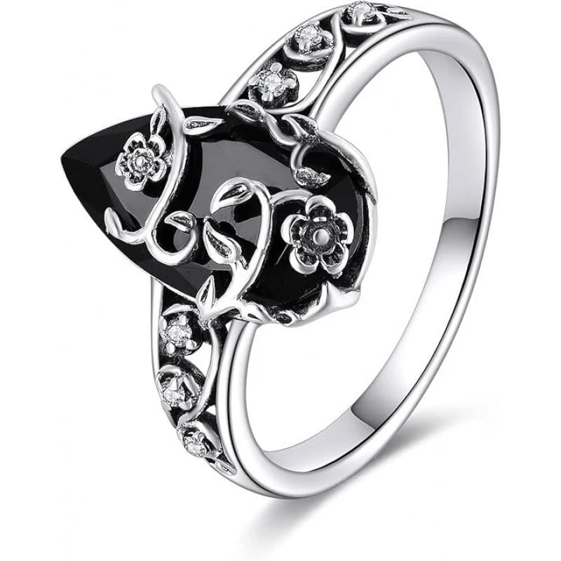 🌼 925 Silver Vintage Floral Black Gemstone Ring – Timeless Boho Elegance💍