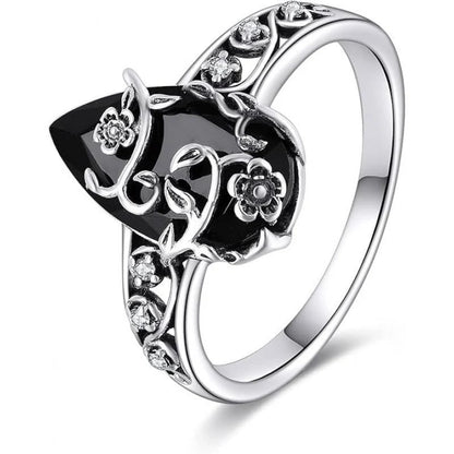 🌼 925 Silver Vintage Floral Black Gemstone Ring – Timeless Boho Elegance💍