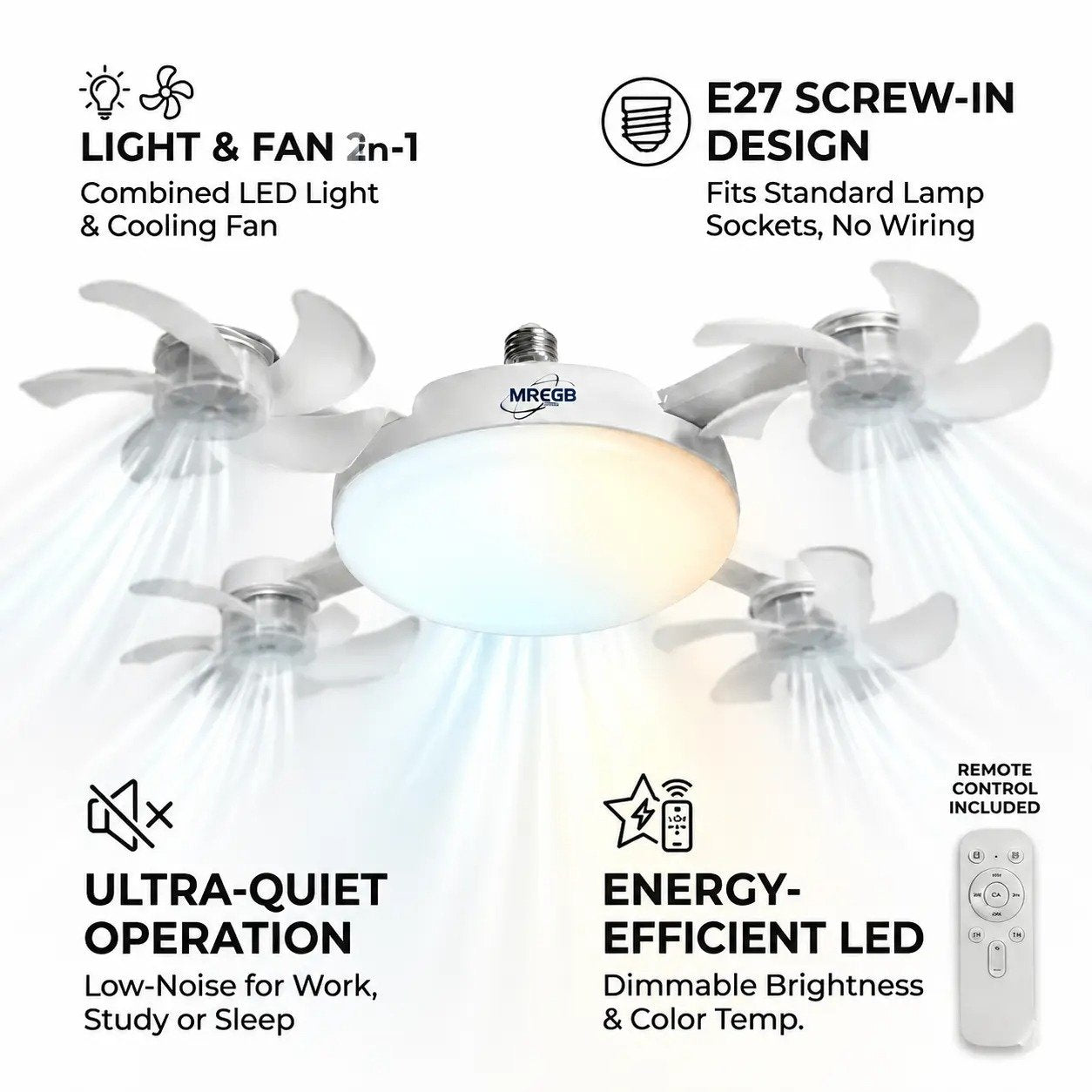 🌀New E27 Socket Ceiling Fan Light – 2‐in‐1 Silent LED Fan with Remote Control, Energy‐Saving Cooling & Lighting Combo for Home Bedroom