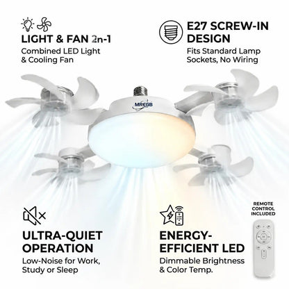 🌀New E27 Socket Ceiling Fan Light – 2‐in‐1 Silent LED Fan with Remote Control, Energy‐Saving Cooling & Lighting Combo for Home Bedroom