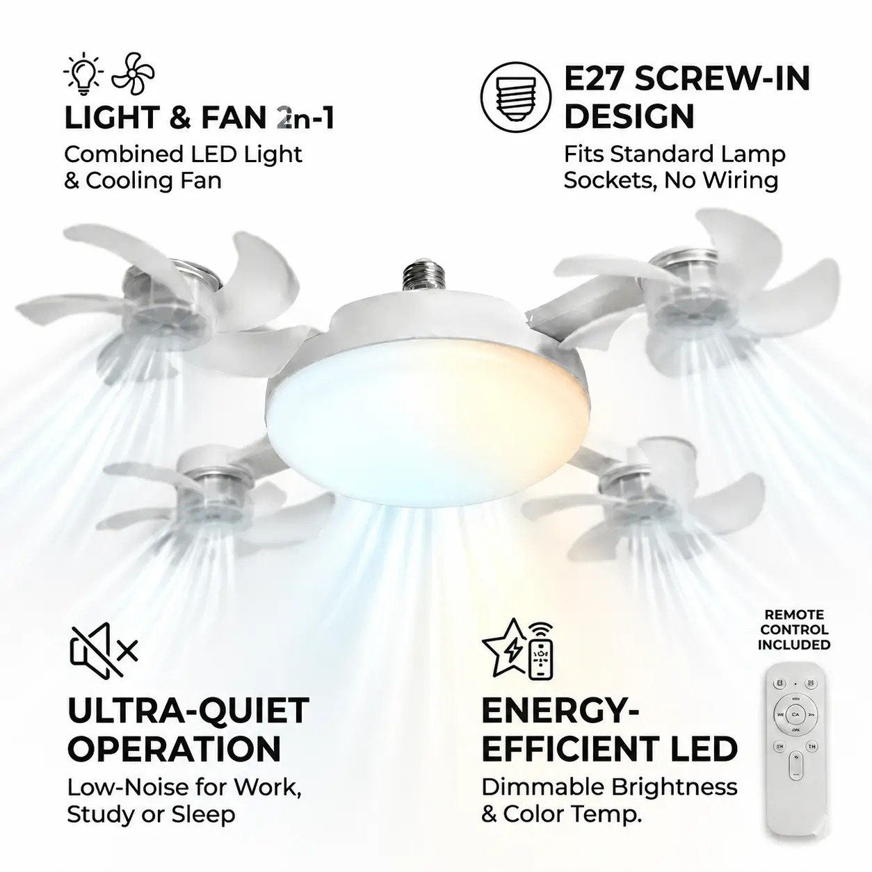 🌀E27 Socket Ceiling Fan Light – 2-in-1 LED Light & Quiet Fan with Remote Control
