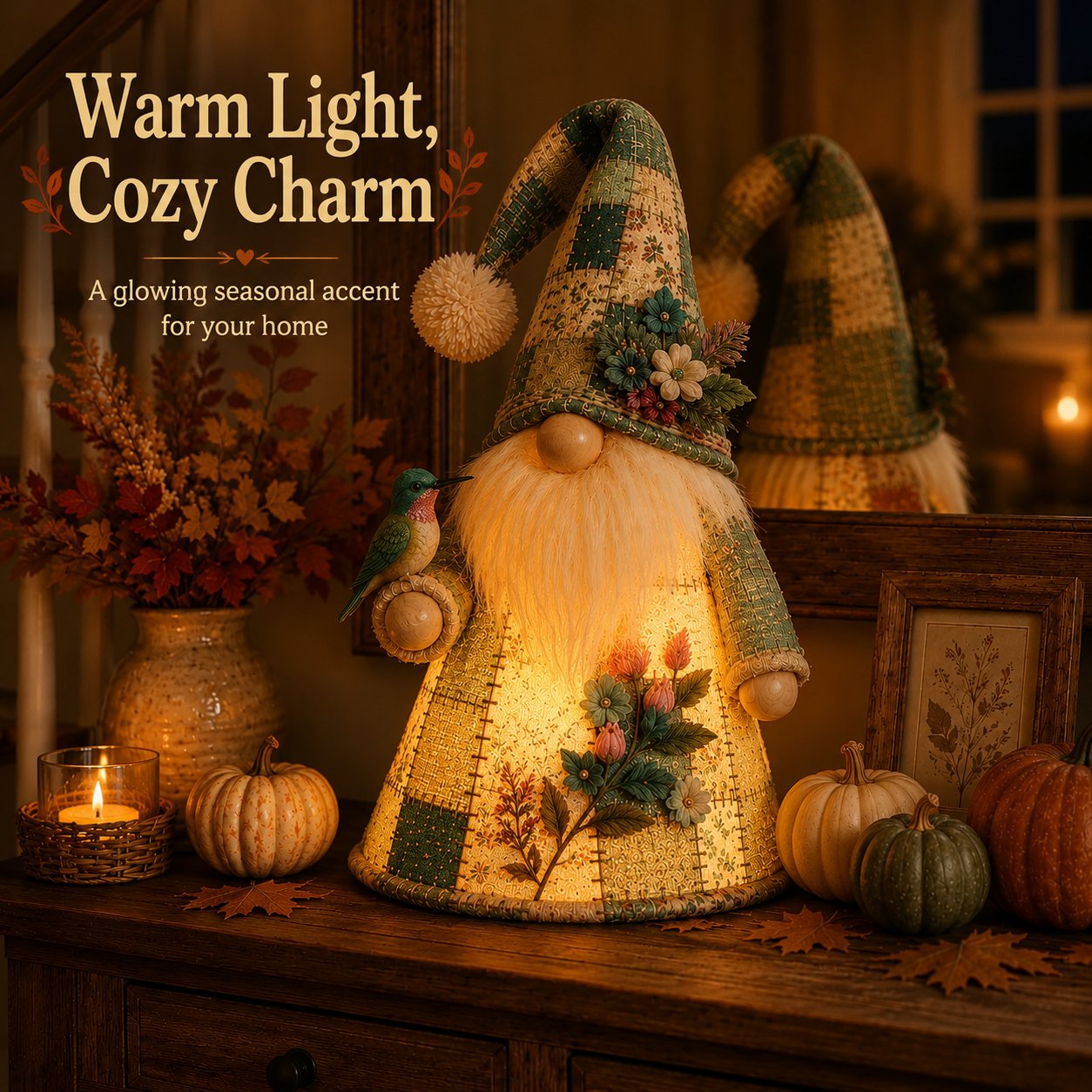 🐦 Patchwork Bird Gnome Light Collection | Warm Glowing Tabletop Decor with Farmhouse Patchwork Details for Mantels, Shelves & Holiday Gifts ✨