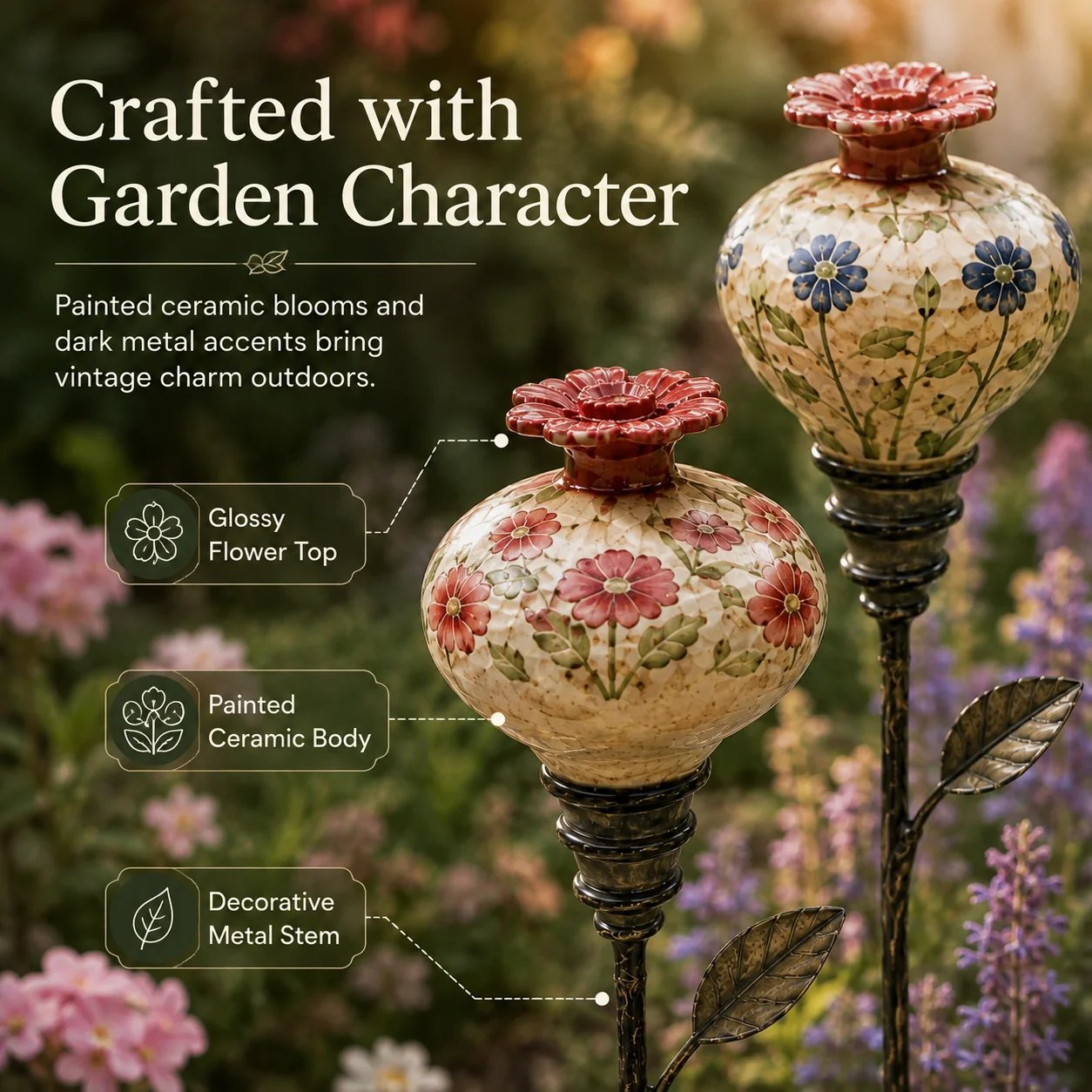 🌺 Vintage Ceramic Hummingbird Feeder Garden Stake — Handcrafted Floral Bird Feeder Decoration