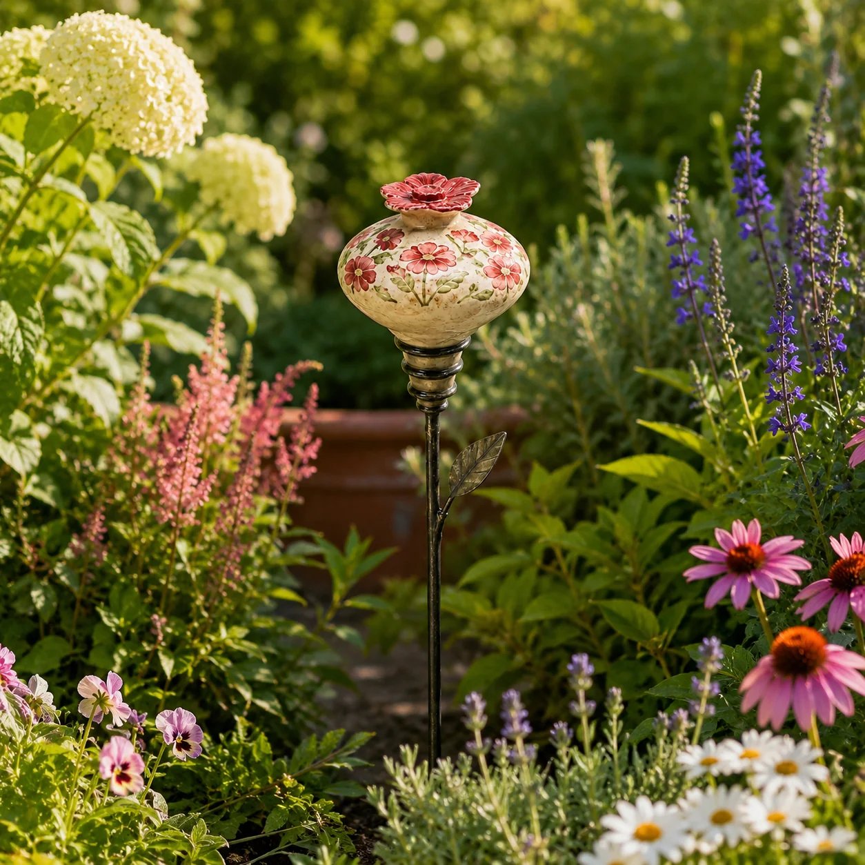 🌺 Vintage Ceramic Hummingbird Feeder Garden Stake — Handcrafted Floral Bird Feeder Decoration