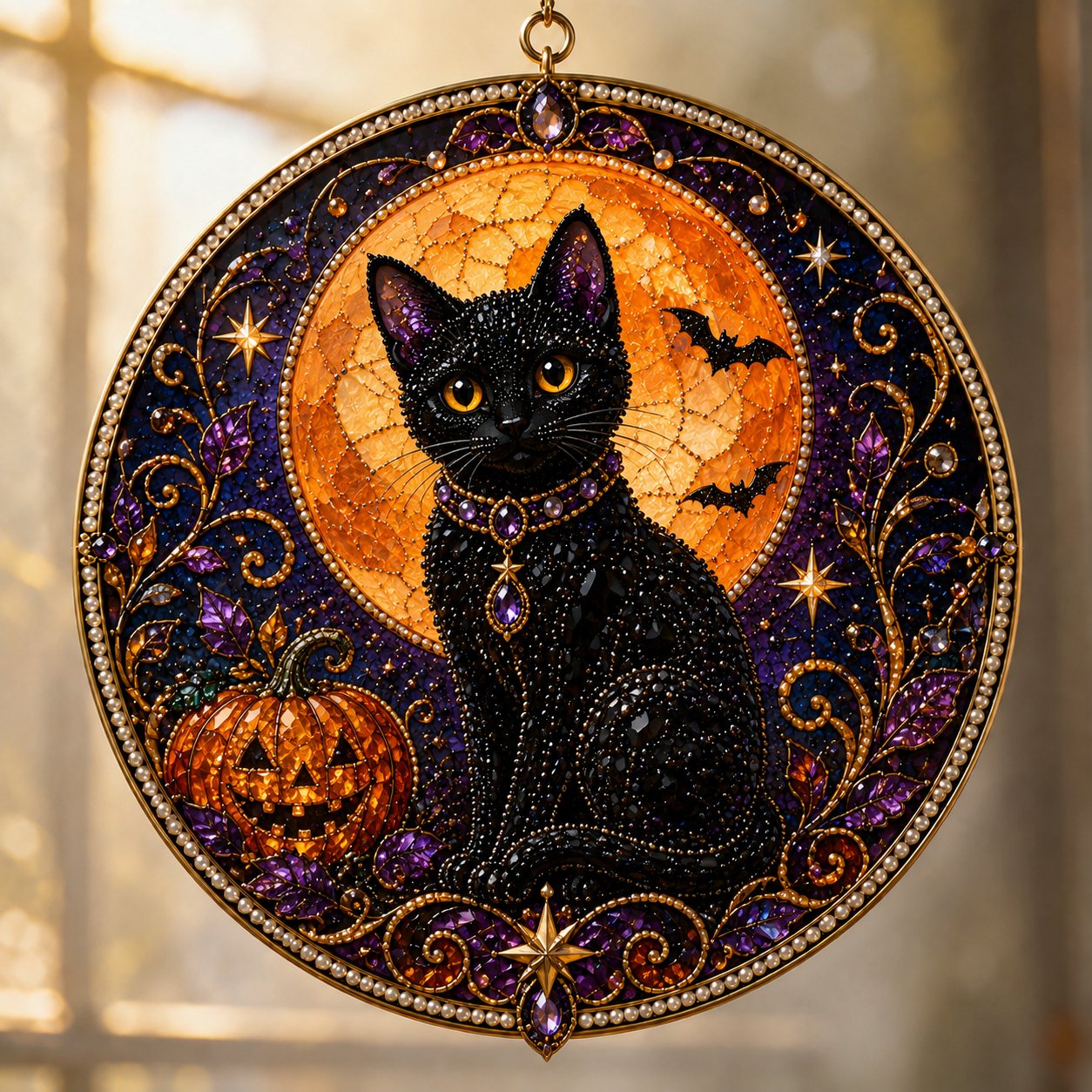 🌙 DIY Celestial Black Cat Window Hanging Kit | 3D Pearl Bead Suncatcher 🔮✨