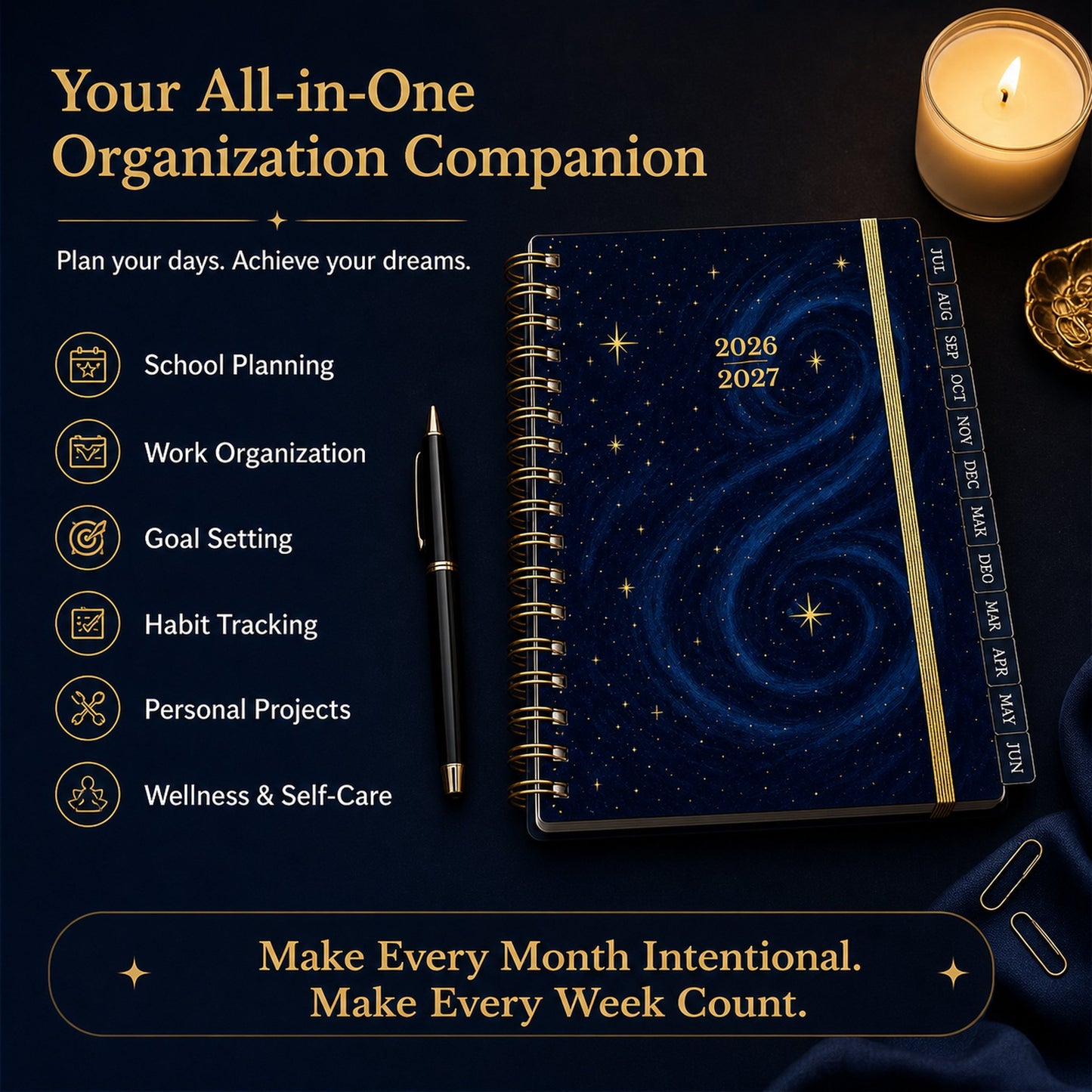 🌌 2026-2027 Midnight Galaxy Mid-Year Spiral Bound Planner