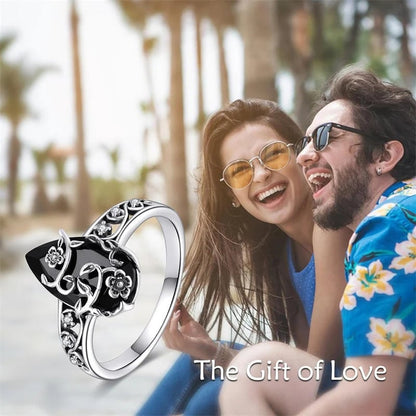 🌼 925 Silver Vintage Floral Black Gemstone Ring – Timeless Boho Elegance💍