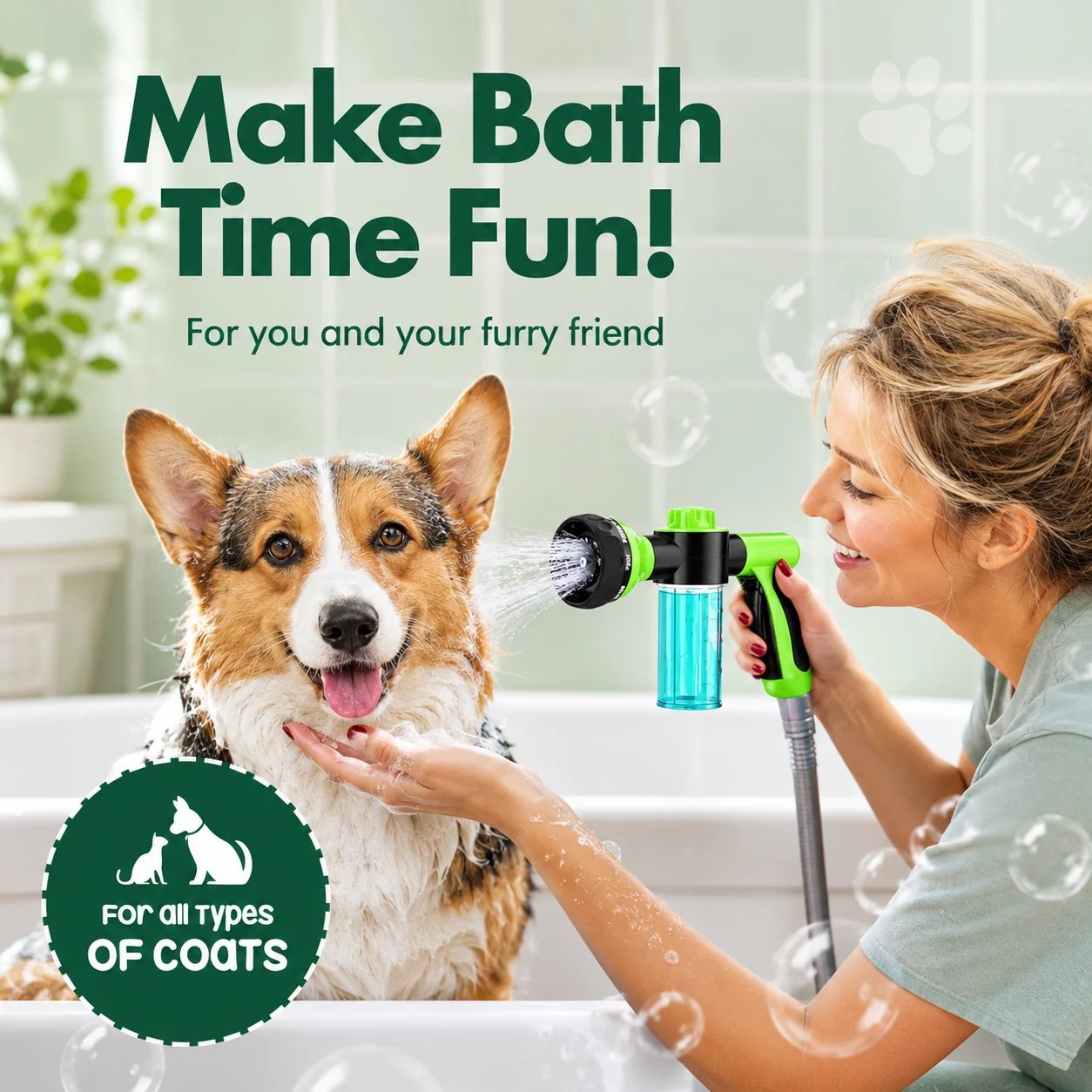 Pet Bath Spray Gun with Built-in Shampoo Dispenser | 8 Adjustable Spray Modes | Fits Standard 3/4" Garden Hose