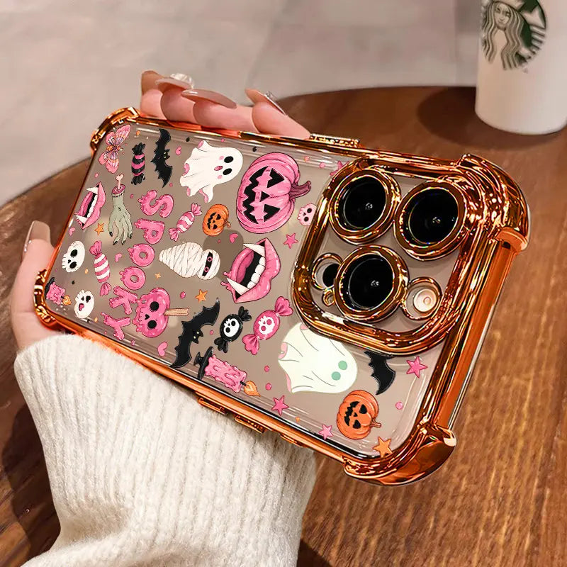 TYIIPLUS™ Halloween Candy Ghost Phone Case – Cute Spooky Pumpkin & Ghost Design, Clear Shockproof Case for iPhone & Galaxy