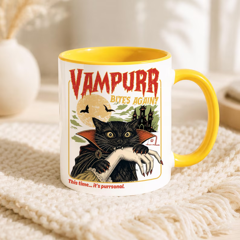 TYII™ 11oz Vampurr Cat Halloween Mug – Funny Vampire Black Cat Coffee Mug, Spooky Gothic Gift for Cat Lovers