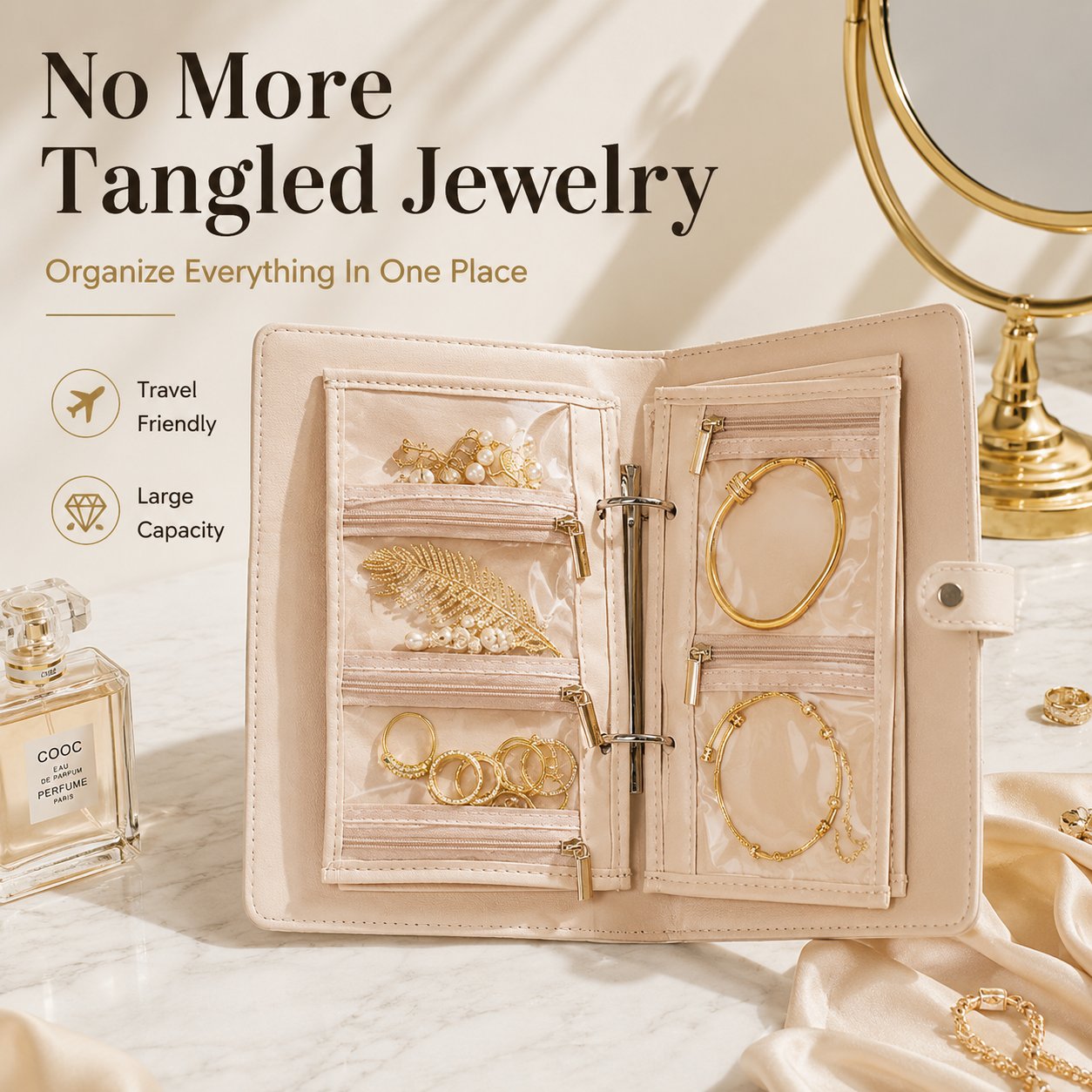 Travel Jewelry Notebook Organizer – Premium PU Leather Case with 5 Removable Velvet Storage Pages
