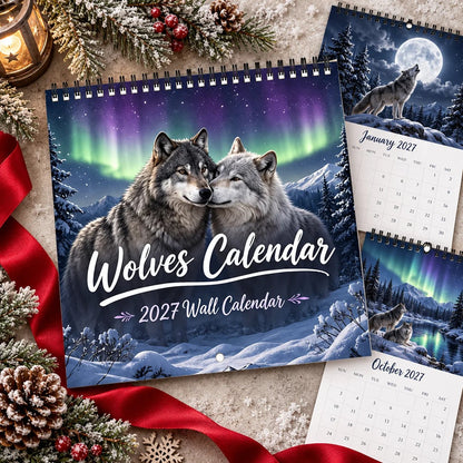 Wolves Calendar 2027 Wall Calendar – Northern Lights Wolf Calendar, Snow Mountain Wildlife Decor, Gift for Wolf Lovers