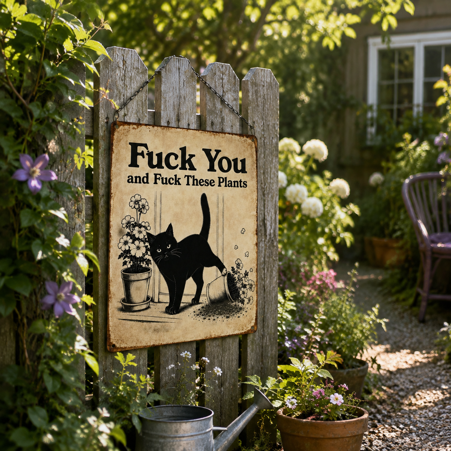 Funny Cat Garden Metal Sign