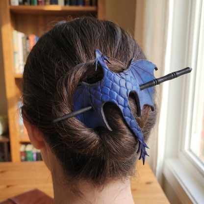 🐉 Leather Tooled Dragon Hair Slide with Wood Stick