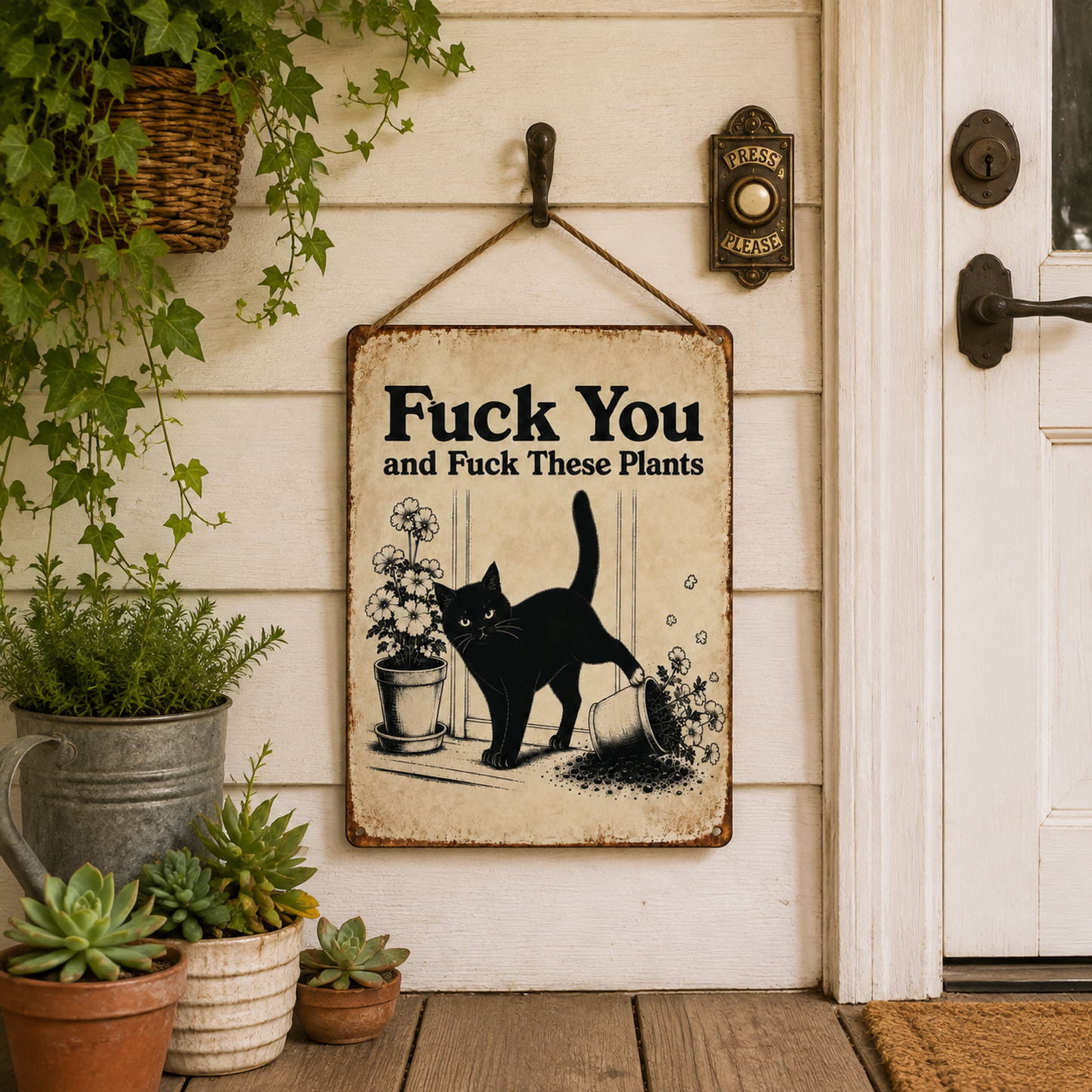 Funny Cat Garden Metal Sign