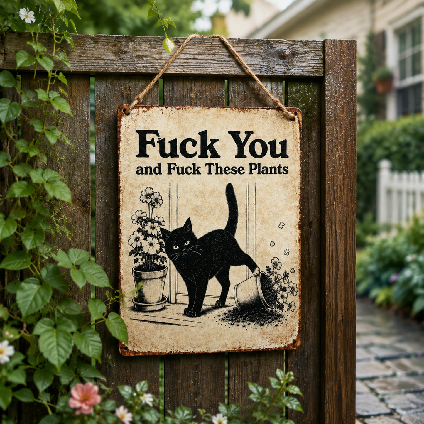 Funny Cat Garden Metal Sign