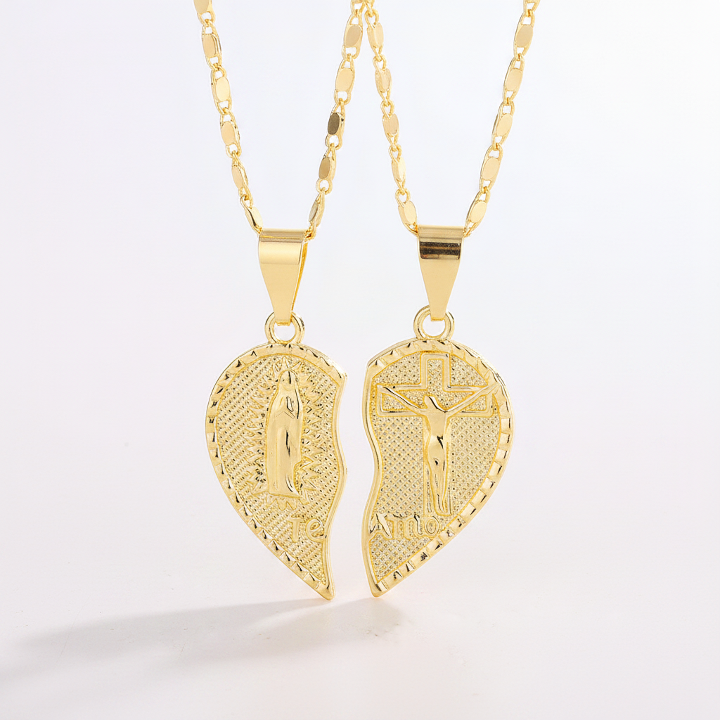 Virgin Mary Layered Heart Combination Prayer Couple Necklace