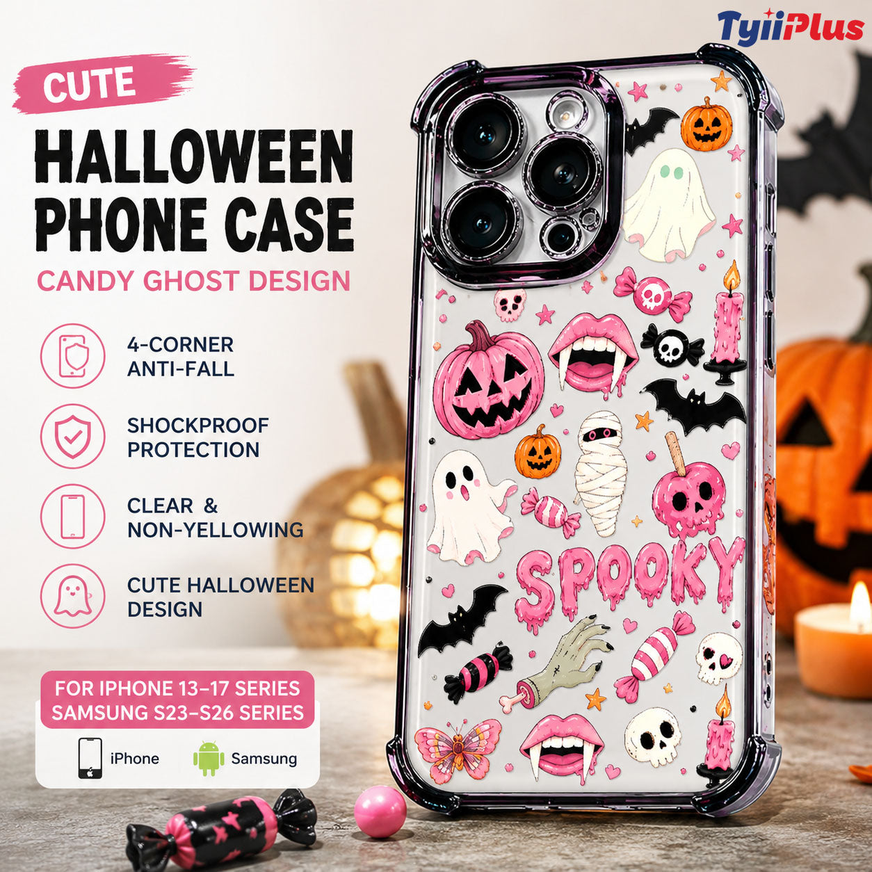 TYIIPLUS™ Halloween Candy Ghost Phone Case – Cute Spooky Pumpkin & Ghost Design, Clear Shockproof Case for iPhone & Galaxy