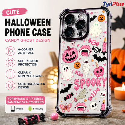 TYIIPLUS™ Halloween Candy Ghost Phone Case – Cute Spooky Pumpkin & Ghost Design, Clear Shockproof Case for iPhone & Galaxy