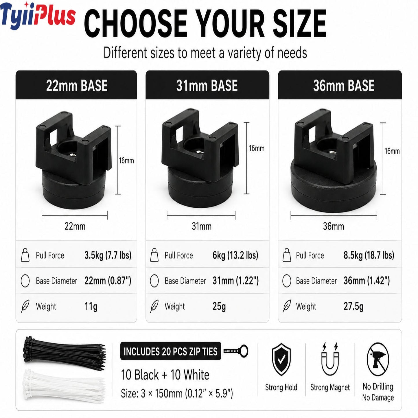 Magnetic Cable Tie Mount Base - Heavy-Duty Magnetic Zip Tie Mounts for Fast & Flexible Cable Management