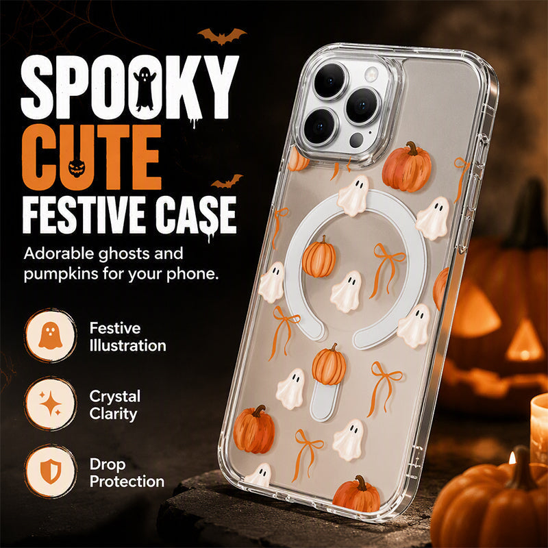 👻🎃 Magnetic Clear Acrylic Halloween iPhone Case – Cute Ghost & Pumpkin Design