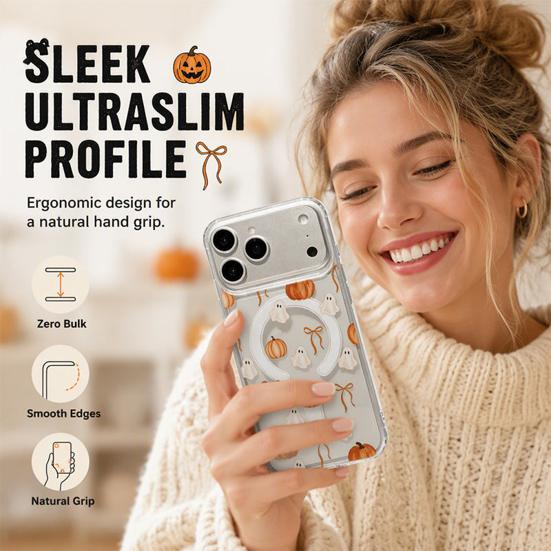 👻🎃 Magnetic Clear Acrylic Halloween iPhone Case – Cute Ghost & Pumpkin Design