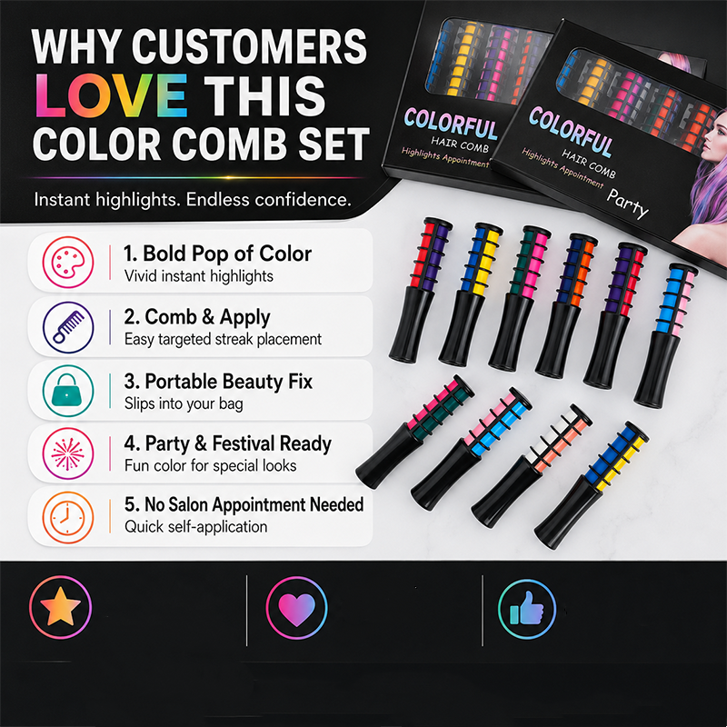 Temporary Hair Dye Comb Applicator - 12 Vibrant Colors, Easy to Use & Washable